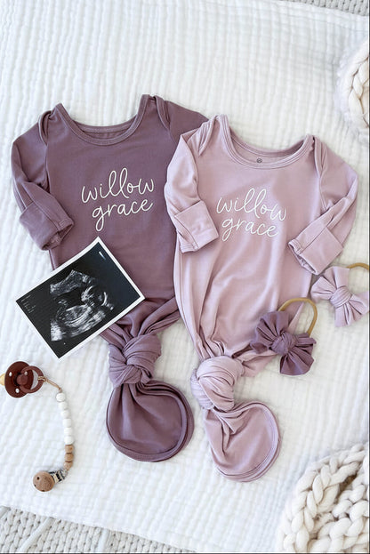 Personalized Bamboo Newborn Baby Knot Gown | Lovely Lilac - Script