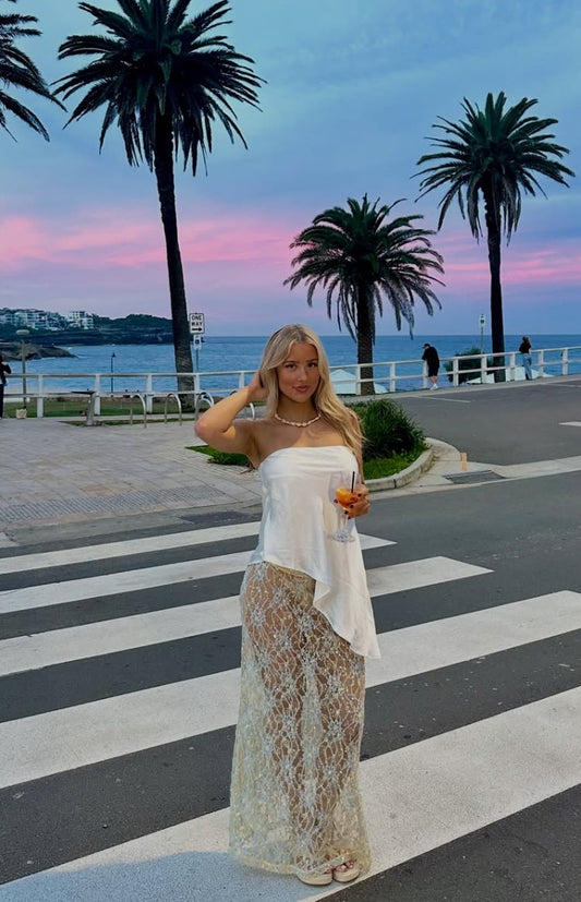Sabella White and Blue Sequin Lace Maxi Skirt