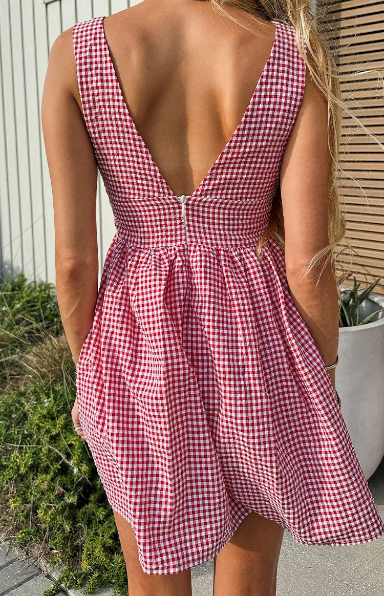 Saffron Red Gingham Tie Mini Dress