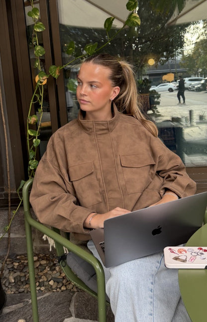 Sapna Brown Oversized Funnel Neck Suedette Jacket