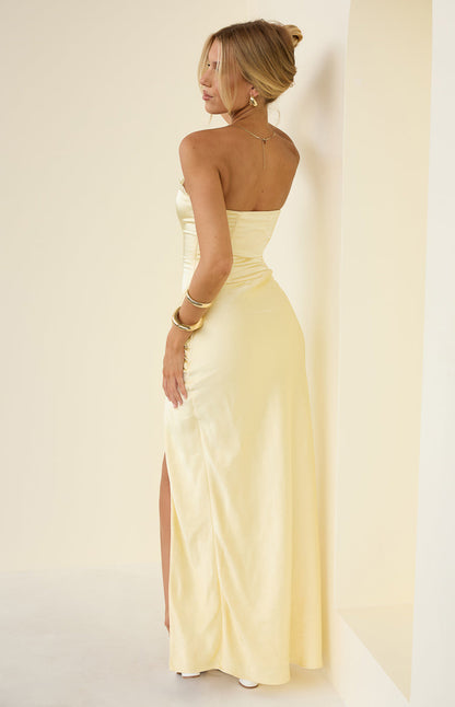 Sasha Yellow Ruched Twist Satin Maxi Dress