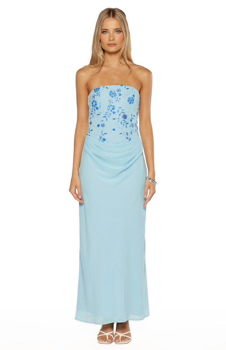Serenity Blue Strapless Beaded Party Maxi Dress
