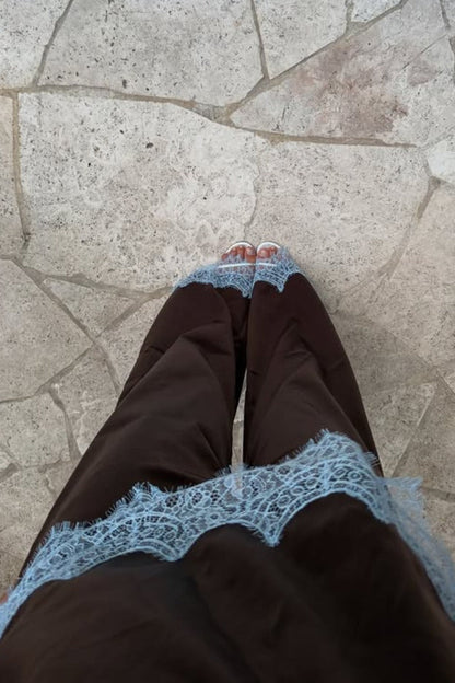 Shirley Lace Trim Brown Satin Pants