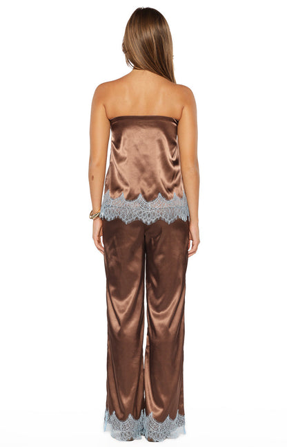 Shirley Lace Trim Brown Satin Pants
