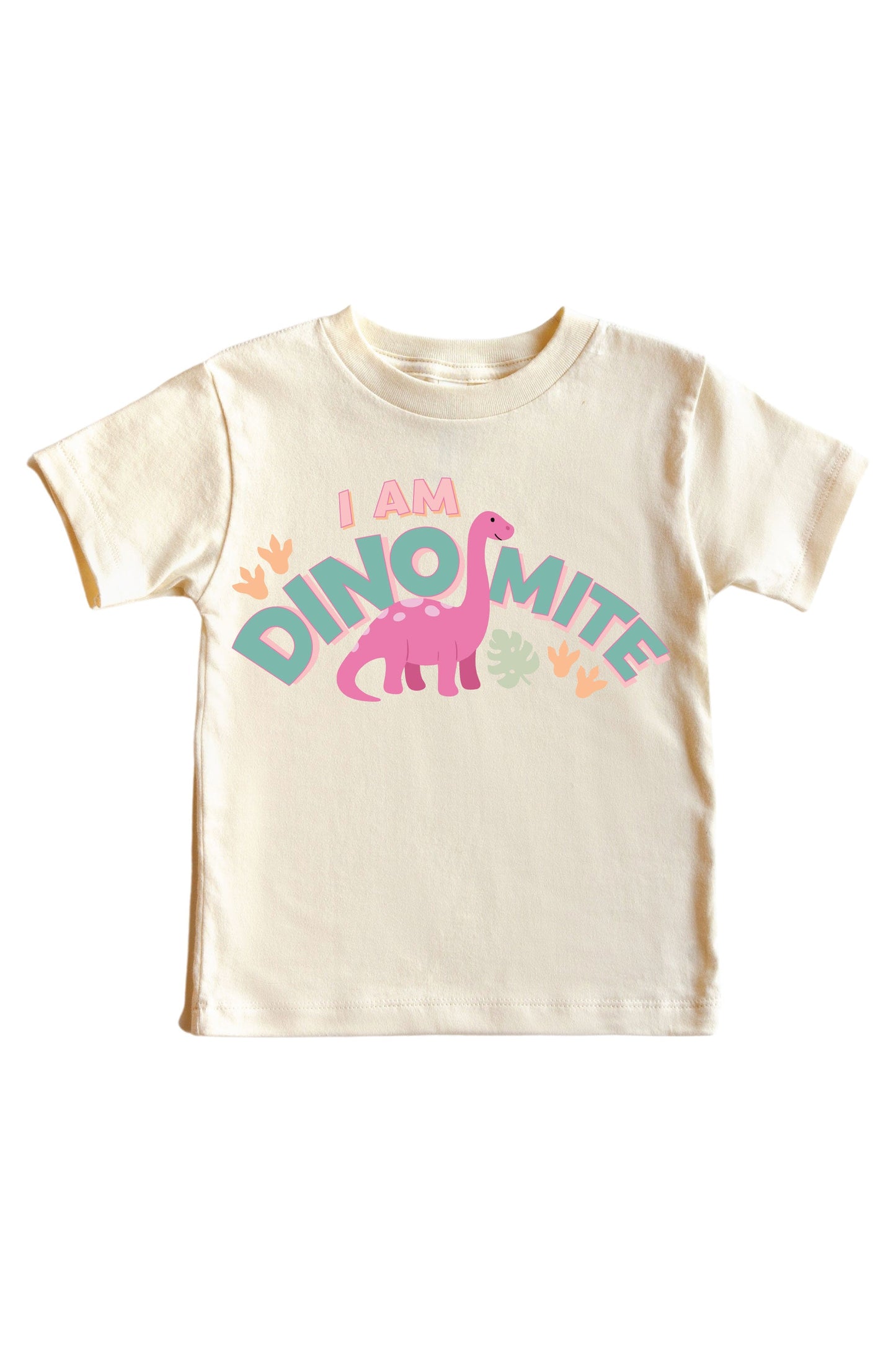 I Am Dino-Mite Pink Graphic Bodysuit & Kids Tee | Natural