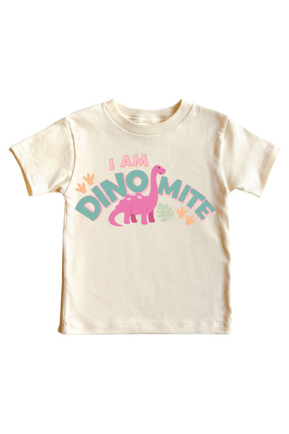 I Am Dino-Mite Pink Graphic Bodysuit & Kids Tee | Natural