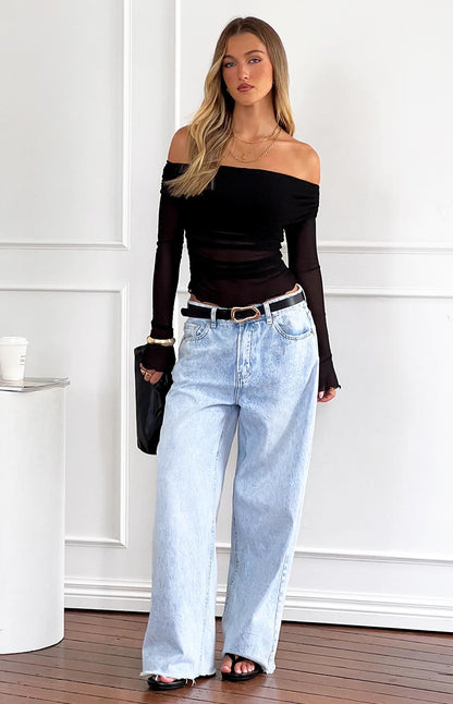 Sky Black Mesh Off Shoulder Top
