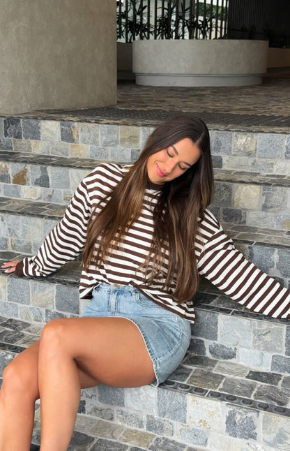 So Breezy Chocolate Stripe Long Sleeve Top