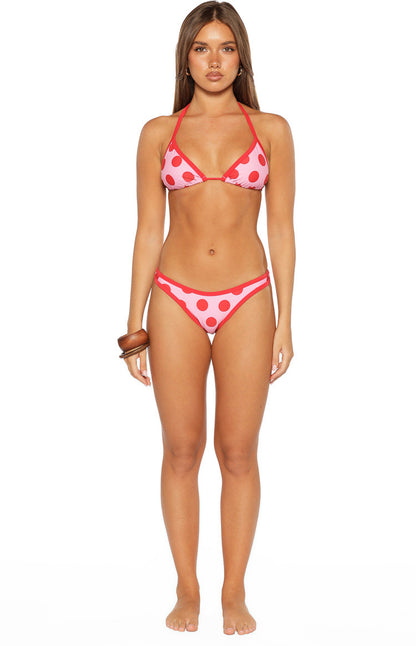 Sofie Pink and Red Polka Dot Contrast Bind Triangle Bikini Top