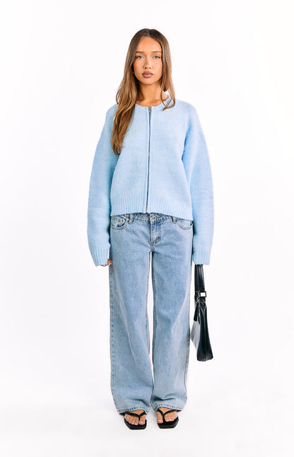 Stacey Light Blue Zip Knit Cardigan
