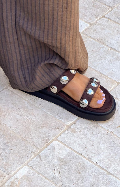 Therapy Persona Chocolate Suede Platform Silver Stud Sandals