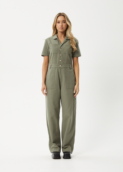 AFENDS Womens Mika - Canvas Jumpsuit - Olive