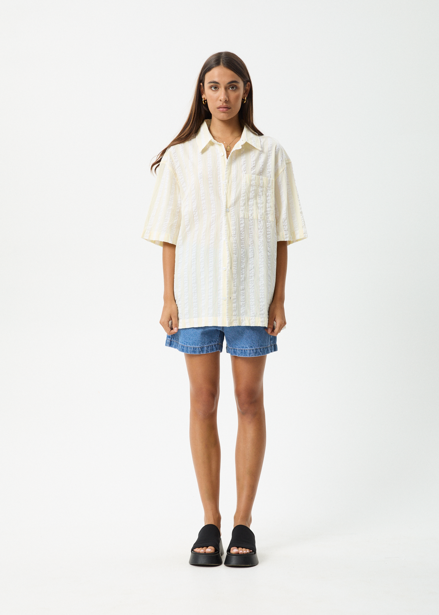 AFENDS Womens Splice - Seersucker Short Sleeve Shirt - White / Lemongrass