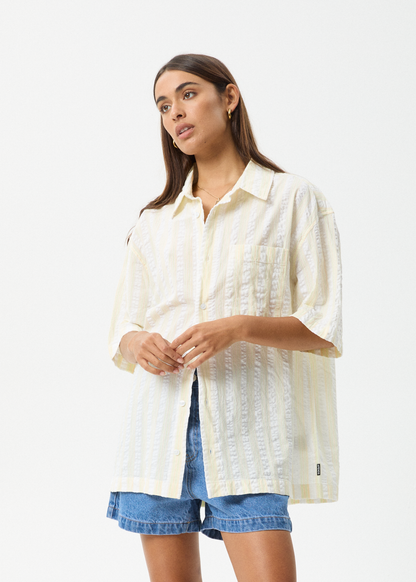 AFENDS Womens Splice - Seersucker Short Sleeve Shirt - White / Lemongrass