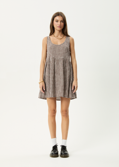 AFENDS Womens Jesse - Seersucker Mini Dress - Coffee Check