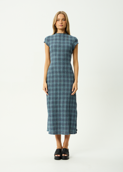 AFENDS Womens Elodie - Seersucker Midi Dress - Position Navy Check
