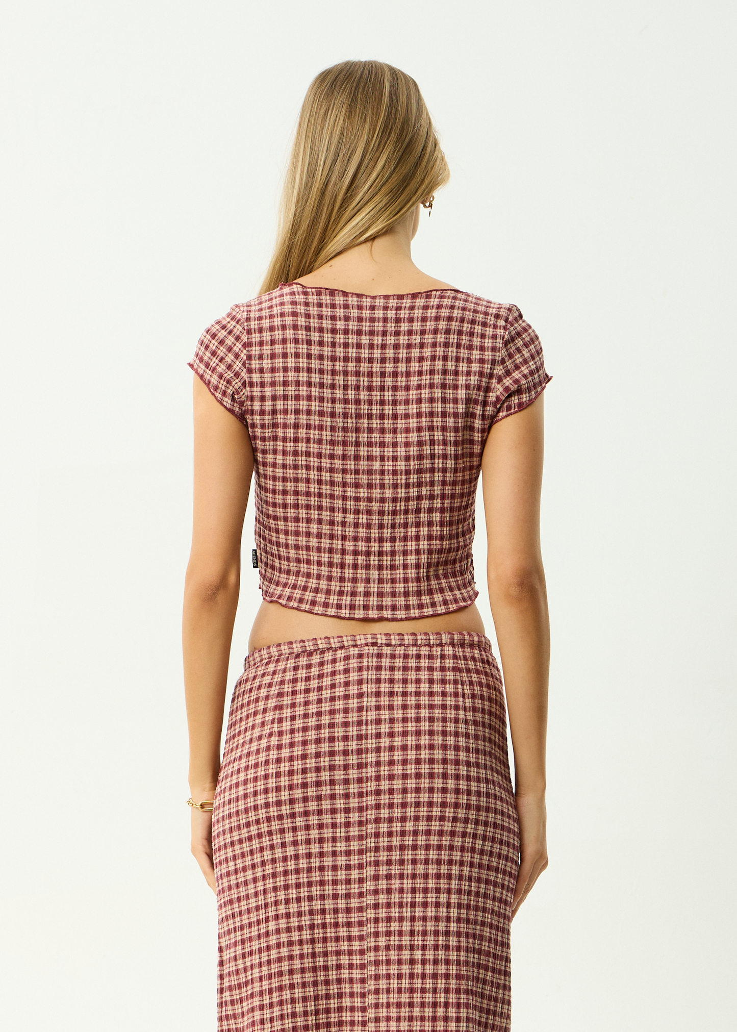 AFENDS Womens Darcy - Seersucker Top - Burgundy / Beige Check