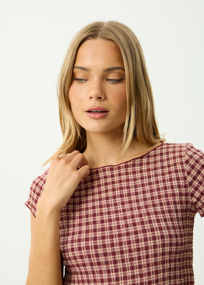 AFENDS Womens Darcy - Seersucker Top - Burgundy / Beige Check