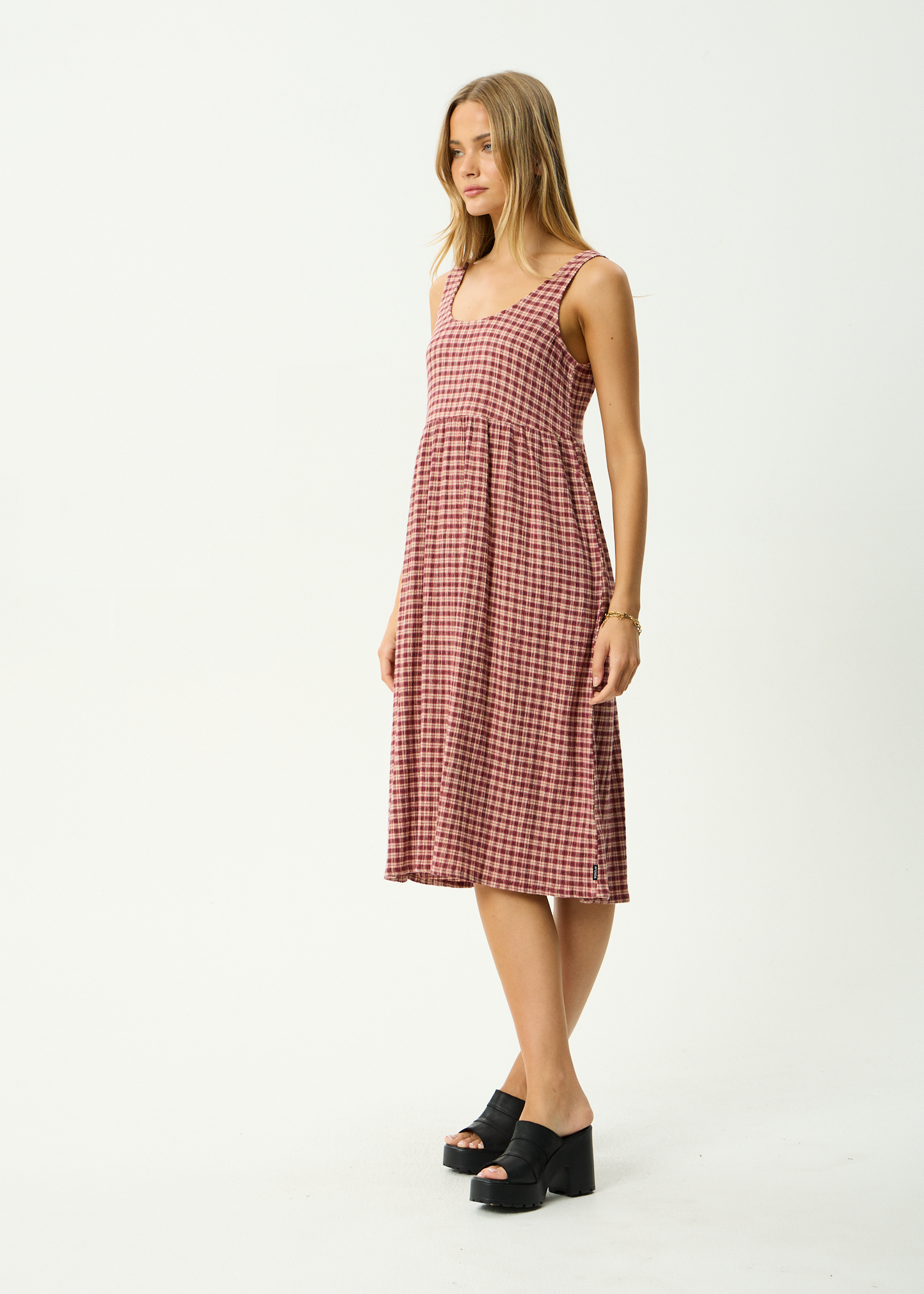 AFENDS Womens Capricorn - Seersucker Midi Dress - Burgundy / Beige Check