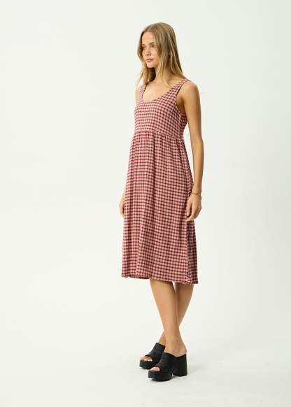 AFENDS Womens Capricorn - Seersucker Midi Dress - Burgundy / Beige Check