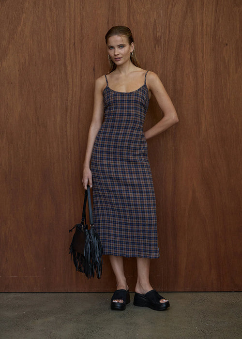 AFENDS Womens Rumi - Seersucker Midi Dress - Shev Indigo Check