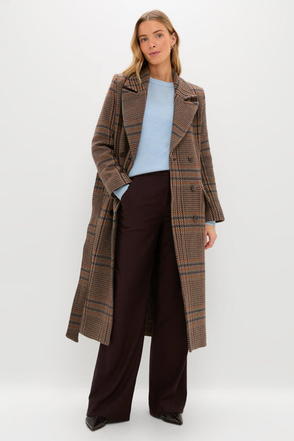 Brown Plaid Kolina Long Coat with Belt