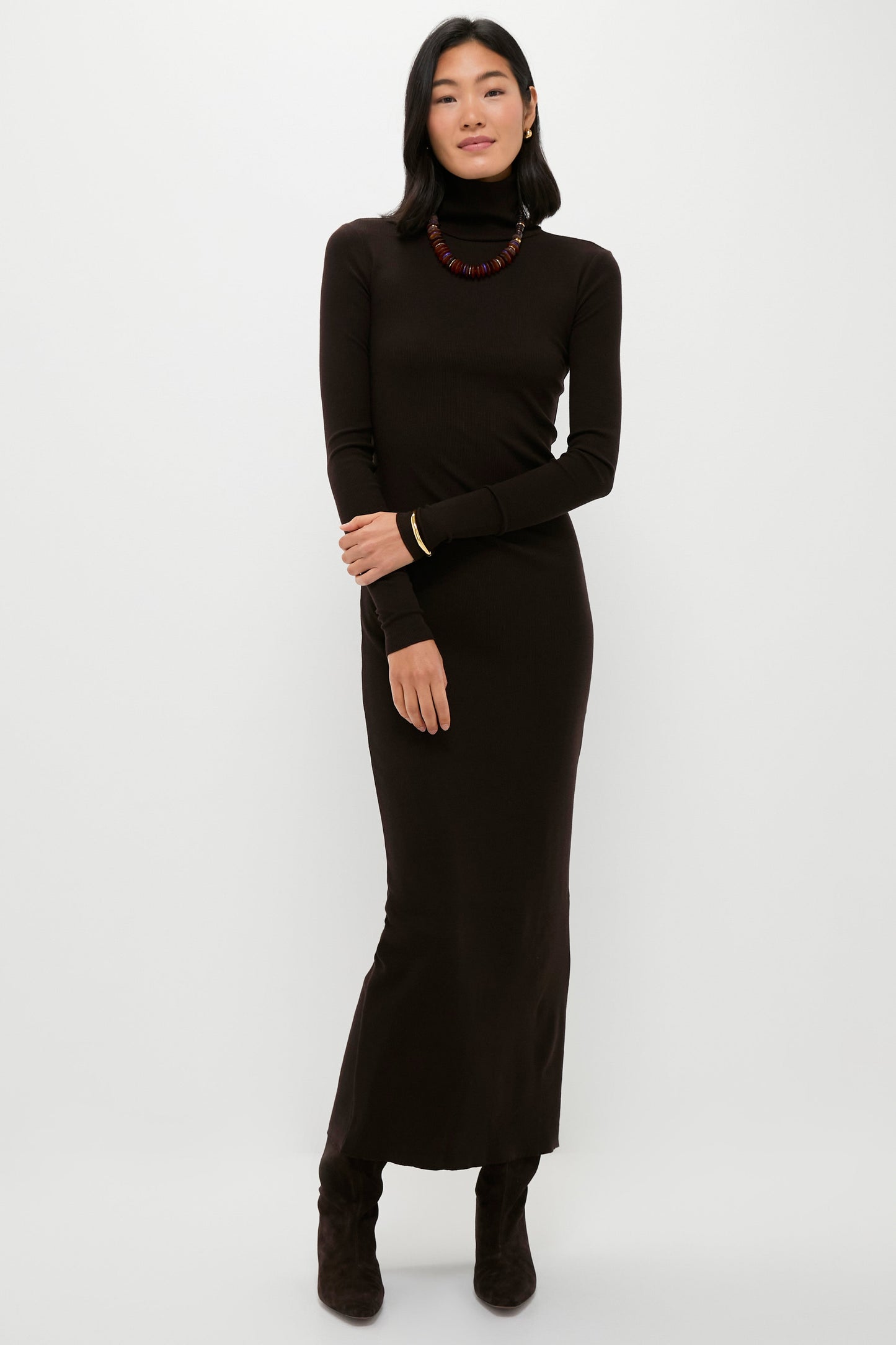 Brown Melange Rib Knit Turtleneck Column Dress