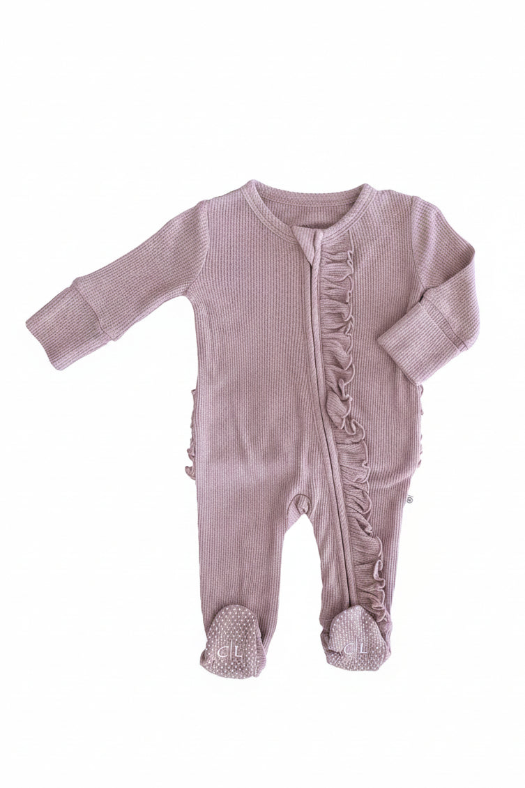 Embroidered Bamboo Waffle Zipper Ruffle Footie | Amethyst