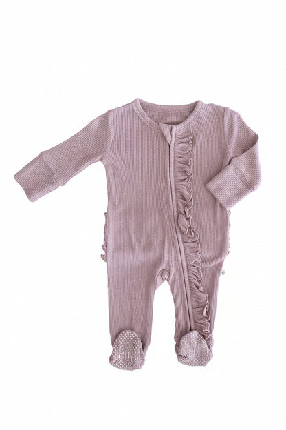 Embroidered Bamboo Waffle Zipper Ruffle Footie | Amethyst