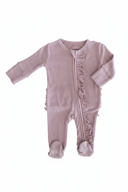 Embroidered Bamboo Waffle Zipper Ruffle Footies | In Bloom