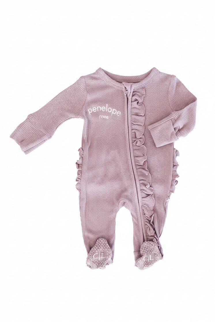 Embroidered Bamboo Waffle Zipper Ruffle Footie | Amethyst