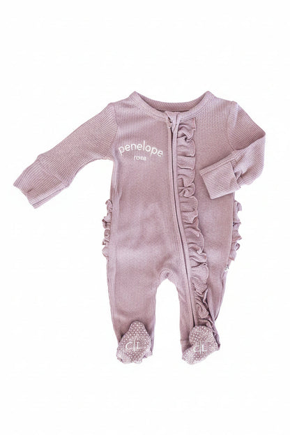 Embroidered Bamboo Waffle Zipper Ruffle Footie | Amethyst