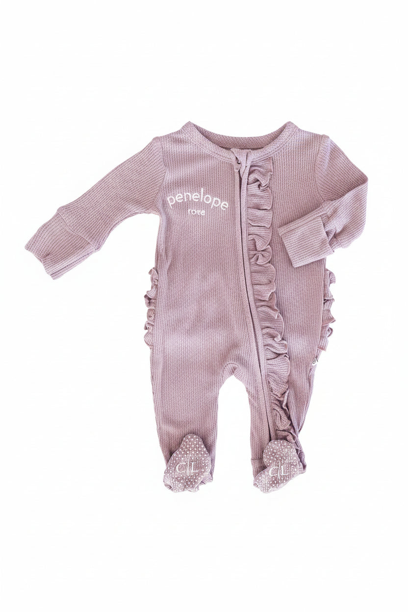Embroidered Bamboo Waffle Zipper Ruffle Footies | In Bloom