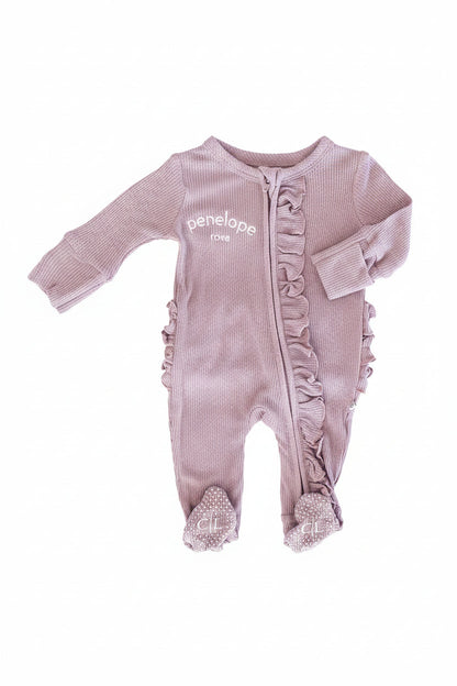 Embroidered Bamboo Waffle Zipper Ruffle Footies | In Bloom