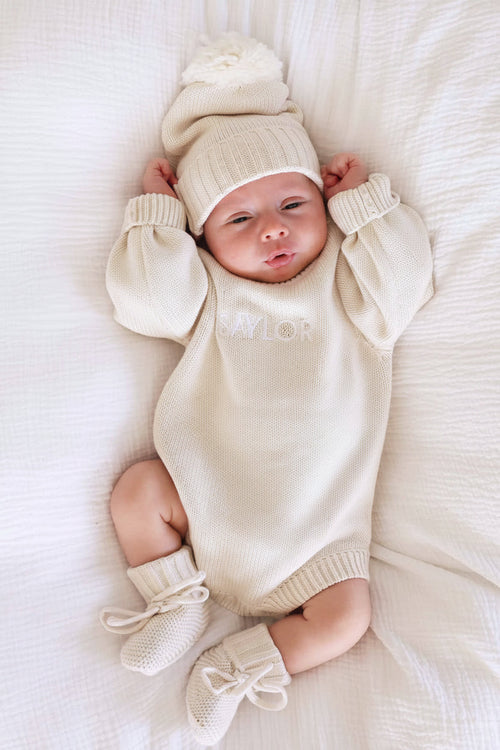 Embroidered Knit Sweater Bubble Romper | Ash