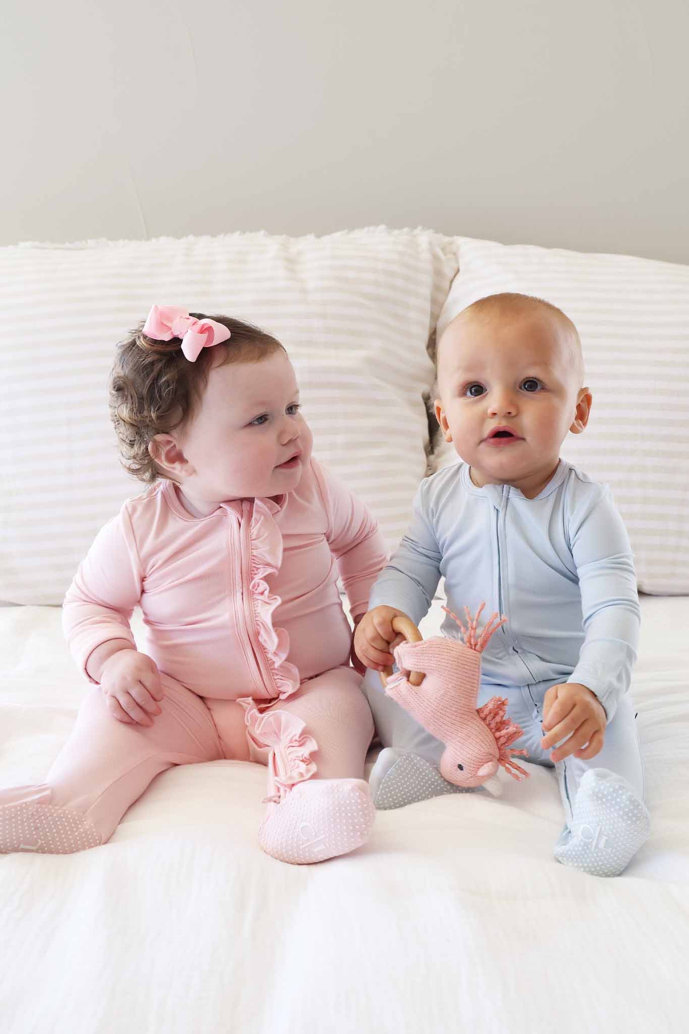 Baby Pink Bamboo Ruffle Zipper Footie