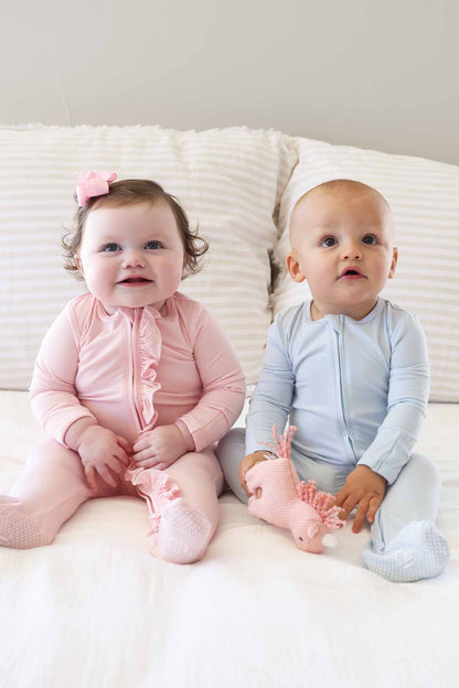Baby Pink Bamboo Ruffle Zipper Footie
