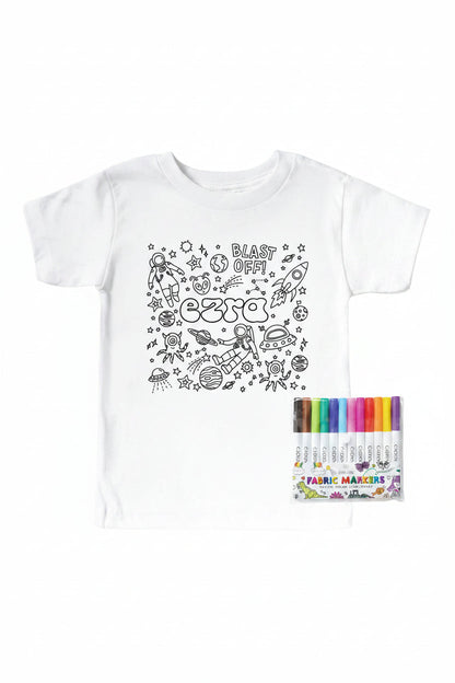 Colorable Blast Off Personalized Kids Graphic Tee | White