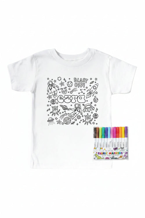 Colorable Blast Off Personalized Kids Graphic Tee | White