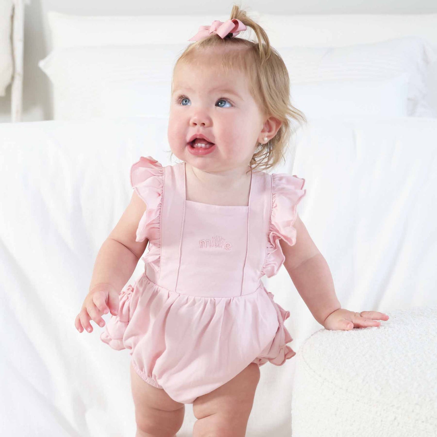 Embroidered Cross Back Ruffle Bubble Romper