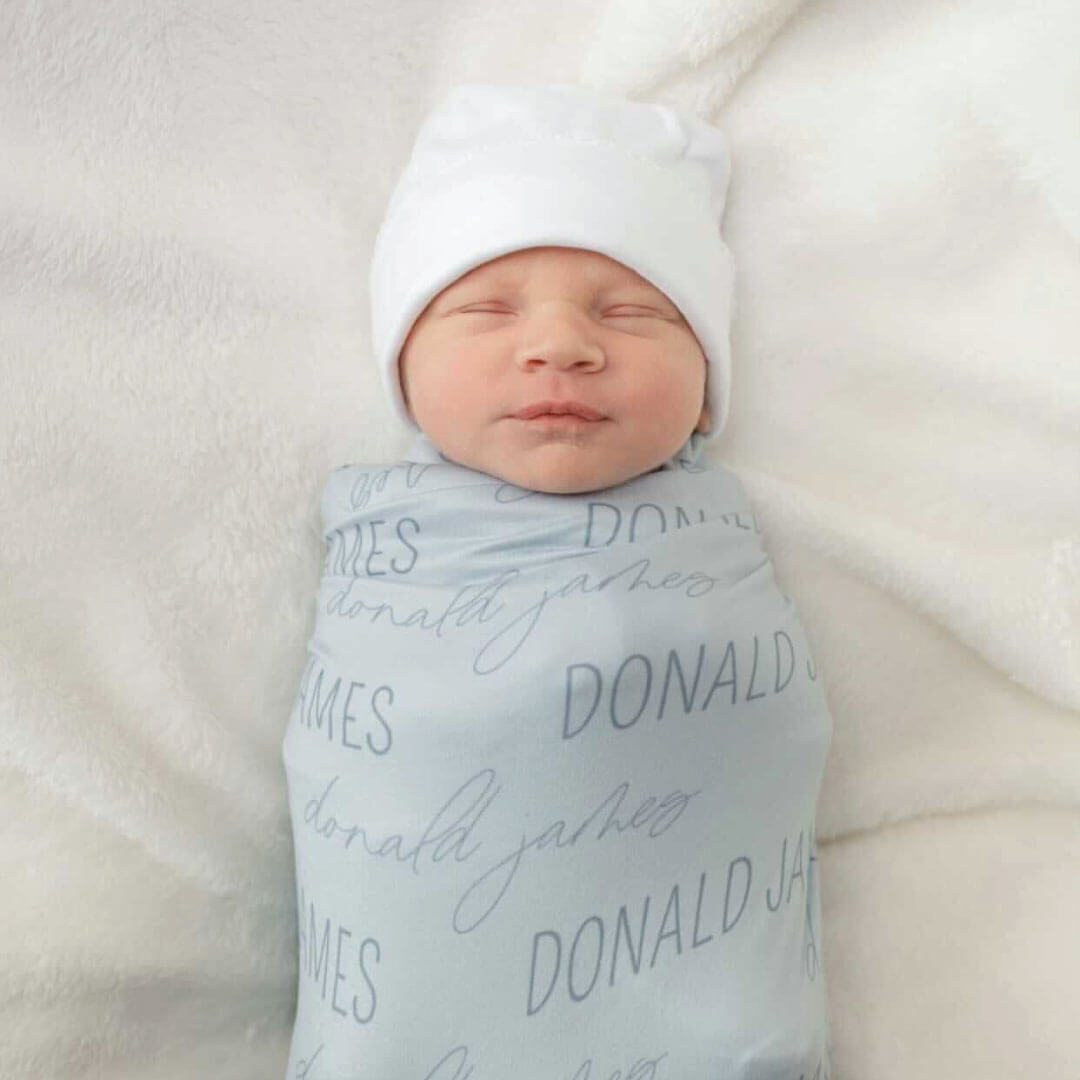 Personalized Light Dusty Blue Baby Name Swaddle Blanket - Block & Script