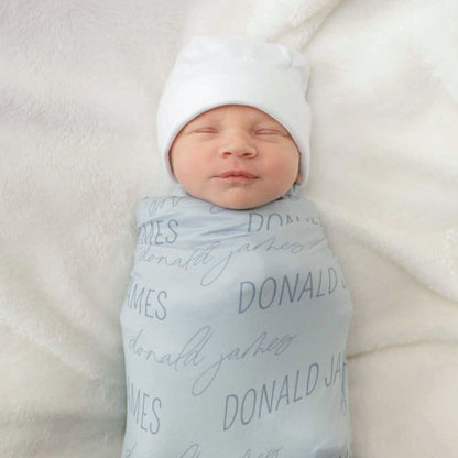 Personalized Light Dusty Blue Baby Name Swaddle Blanket - Block & Script