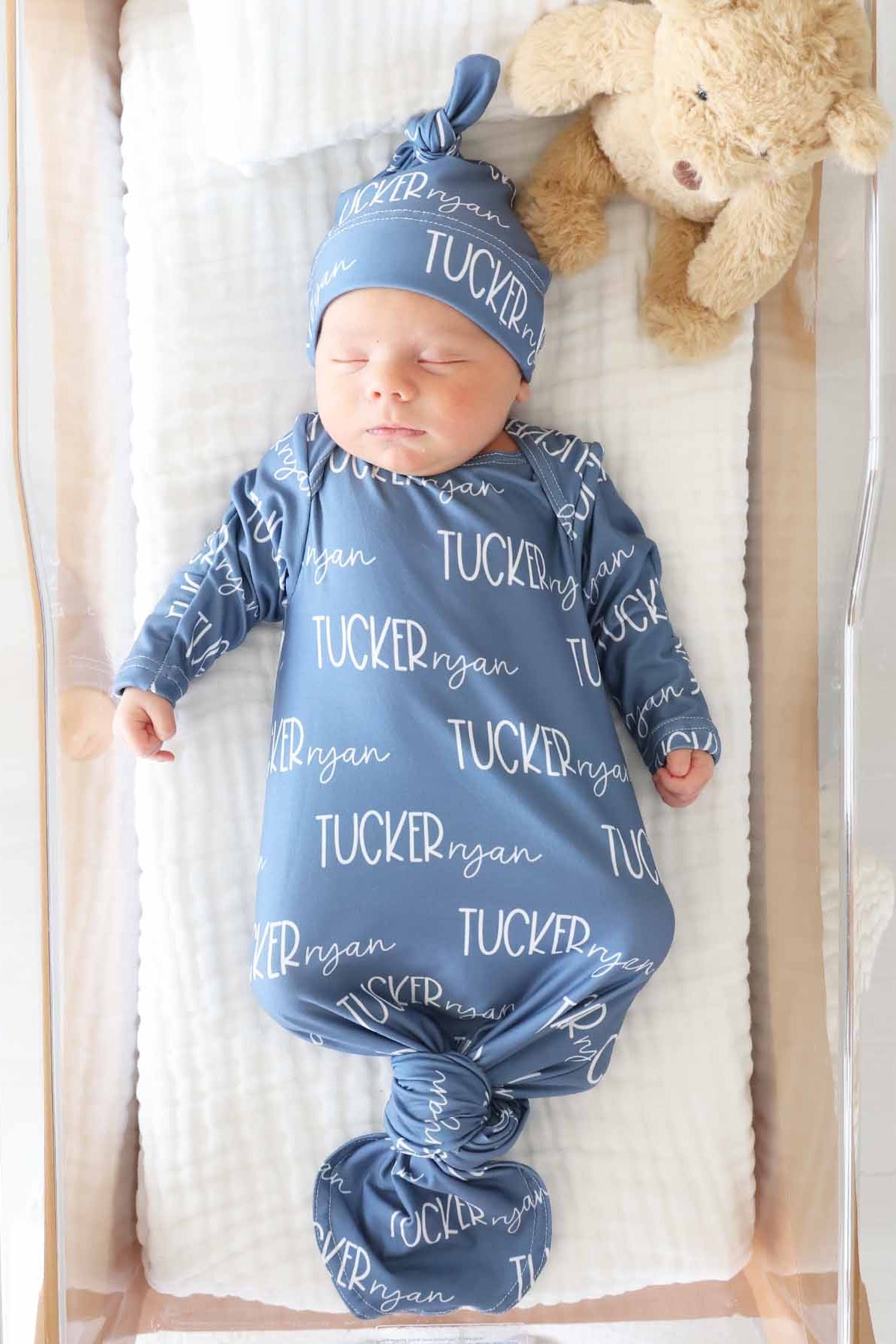 Personalized Font Duo Newborn Baby Knot Gown | Best Selling Blues