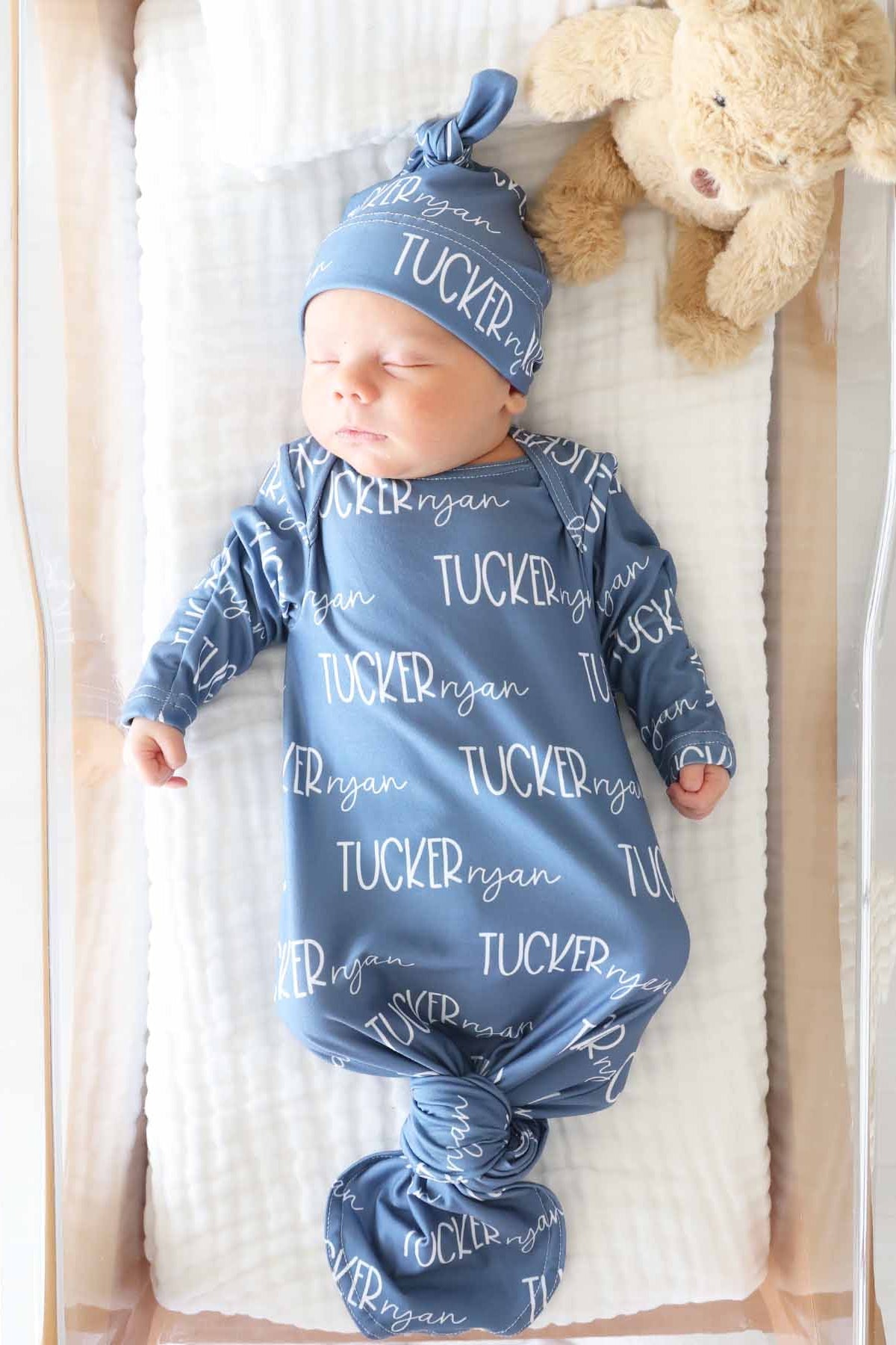 Personalized Font Duo Newborn Baby Knot Gown | Best Selling Blues