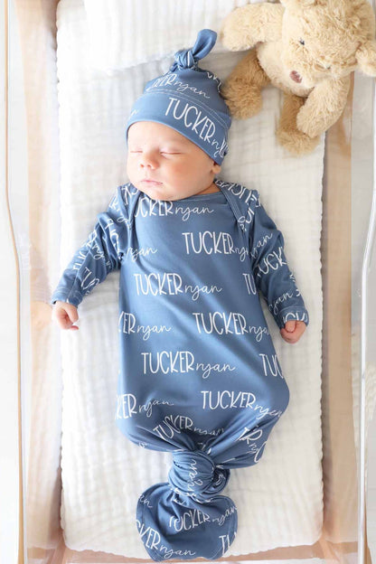 Personalized Font Duo Newborn Baby Knot Gown | Best Selling Blues