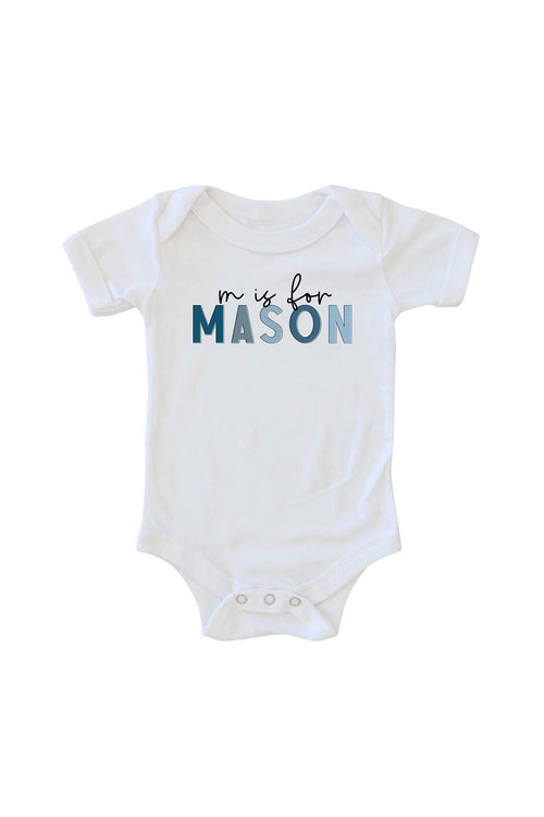 Personalized Blue Color Block Name Graphic Bodysuit | White