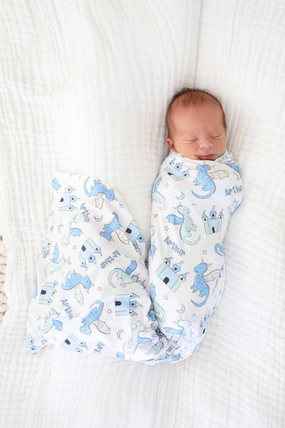 Dragon Adventure Personalized Swaddle Blanket | Blue