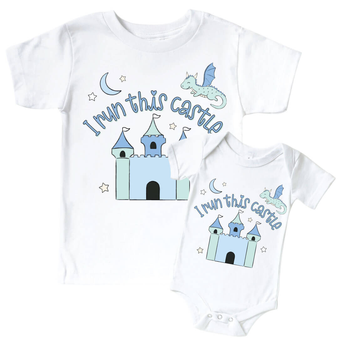 I Run This Castle Blue Graphic Bodysuit & Kids Tee | White