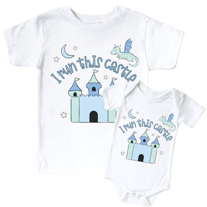 I Run This Castle Blue Graphic Bodysuit & Kids Tee | White