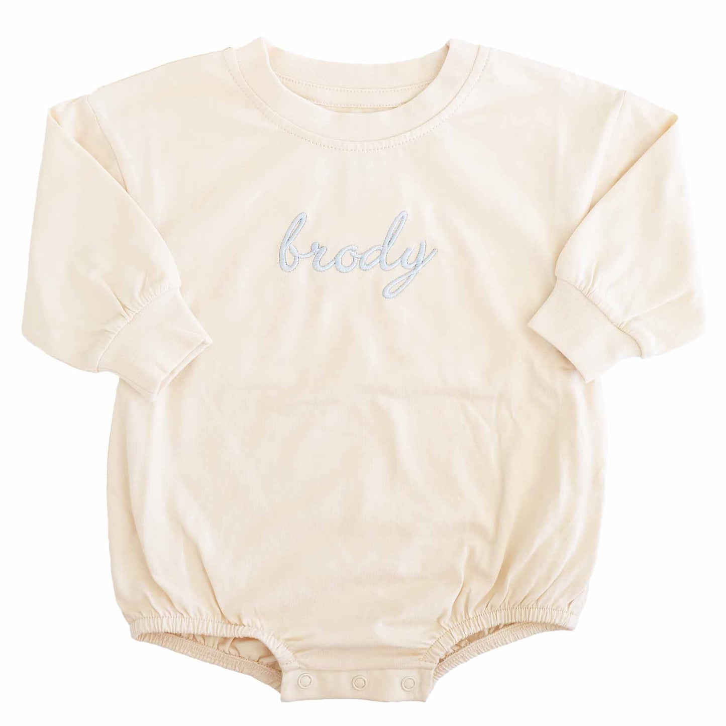 Embroidered Script Name Long Sleeve Bubble Romper | Natural
